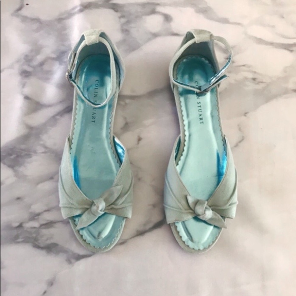 ✨HP✨ Colin Stewart Suede Bow Ankle Strap Flats 8 Aqua - Picture 4 of 10